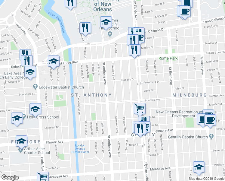 map of restaurants, bars, coffee shops, grocery stores, and more near 5738 Cameron Boulevard in New Orleans