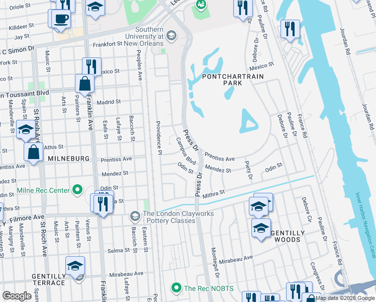 map of restaurants, bars, coffee shops, grocery stores, and more near 4108 Prentiss Avenue in New Orleans