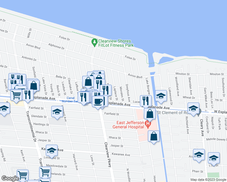 map of restaurants, bars, coffee shops, grocery stores, and more near 4520 Laplace Street in Metairie