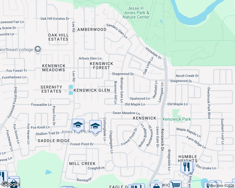map of restaurants, bars, coffee shops, grocery stores, and more near 20938 Brannon Hill Lane in Humble