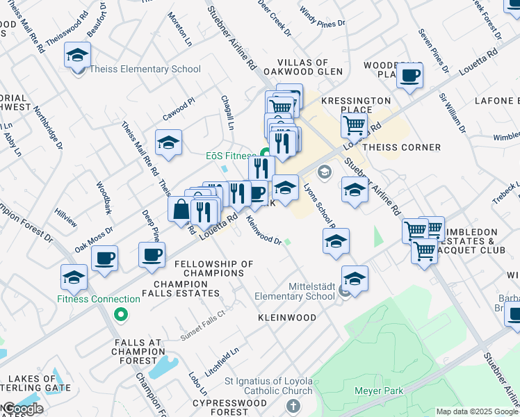 map of restaurants, bars, coffee shops, grocery stores, and more near 7511 Louetta Road in Spring