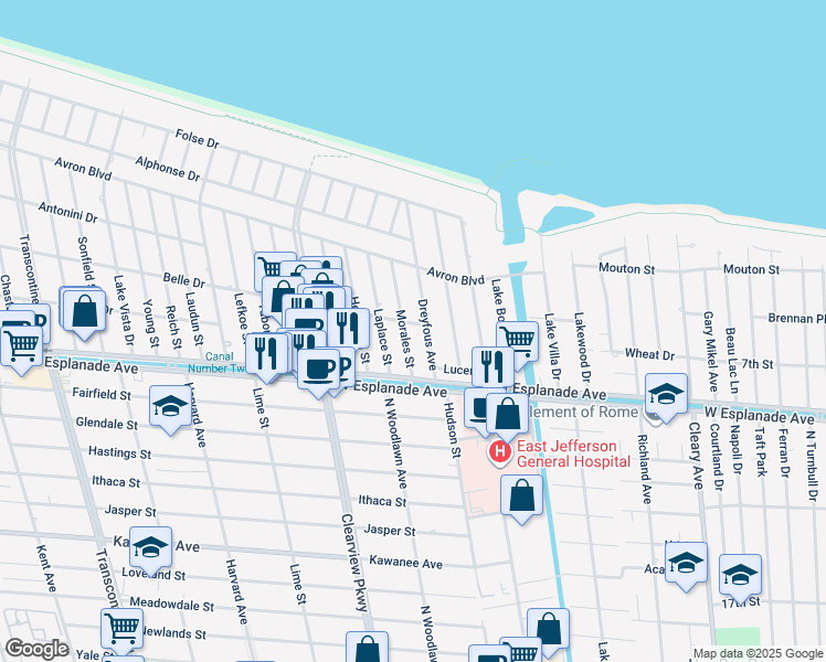 map of restaurants, bars, coffee shops, grocery stores, and more near 4408 Belle Drive in Metairie
