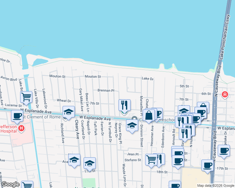 map of restaurants, bars, coffee shops, grocery stores, and more near 4624 Carthage Street in Metairie
