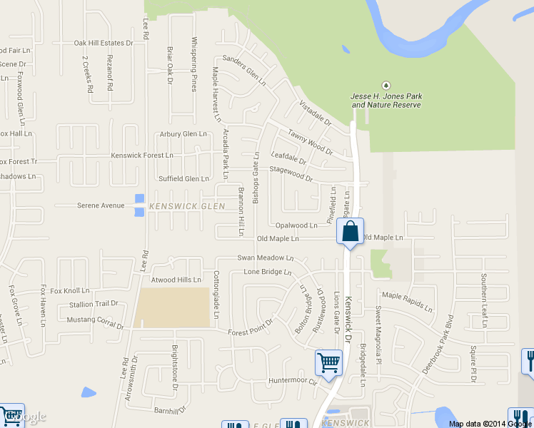 map of restaurants, bars, coffee shops, grocery stores, and more near 20319 Beigewood Lane in Humble