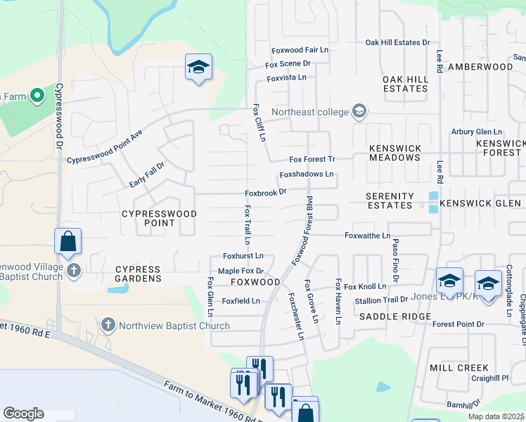 map of restaurants, bars, coffee shops, grocery stores, and more near 7018 Foxmont Lane in Humble