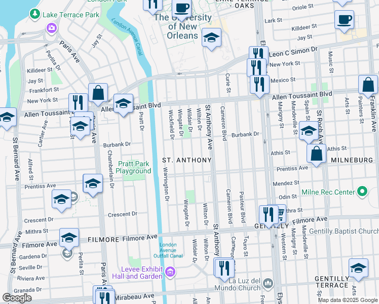 map of restaurants, bars, coffee shops, grocery stores, and more near 5744 Wildair Drive in New Orleans
