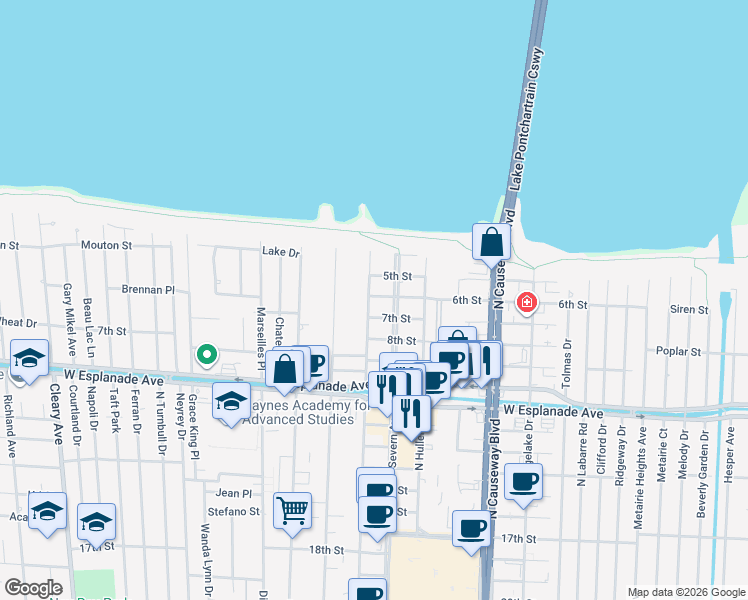 map of restaurants, bars, coffee shops, grocery stores, and more near 3812 North Arnoult Road in Metairie