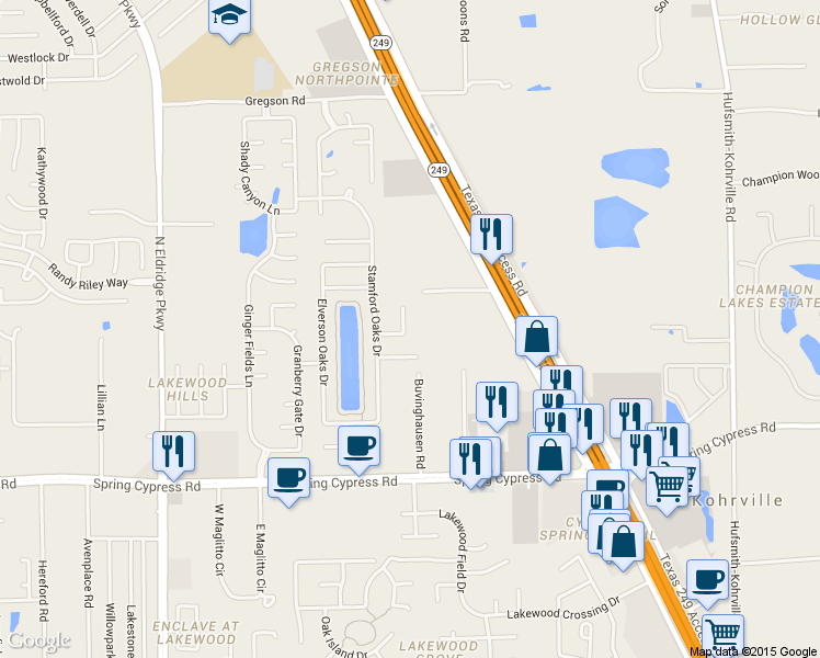 map of restaurants, bars, coffee shops, grocery stores, and more near 17406 Bermondsey Court in Tomball