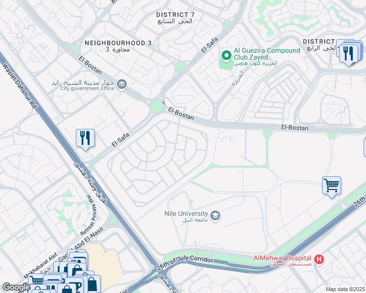 map of restaurants, bars, coffee shops, grocery stores, and more near in أول الشيخ زايد