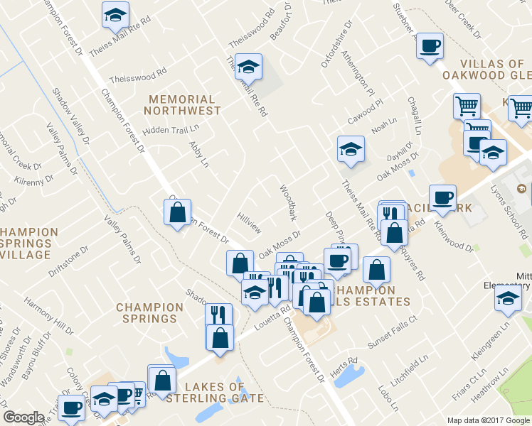 map of restaurants, bars, coffee shops, grocery stores, and more near 8122 Winding Oak Lane in Spring