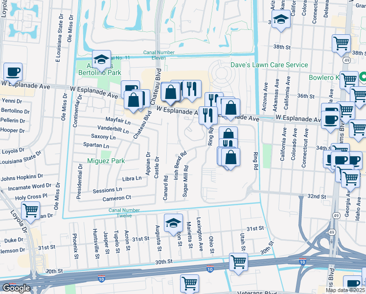 map of restaurants, bars, coffee shops, grocery stores, and more near 3328 Antoine Wattigny Boulevard in Kenner