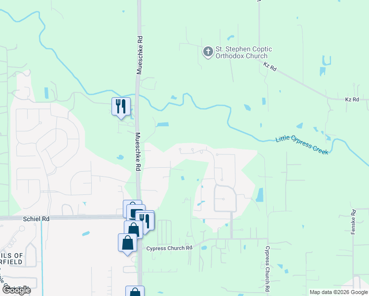 map of restaurants, bars, coffee shops, grocery stores, and more near 16710 Oaks Run Court in Cypress