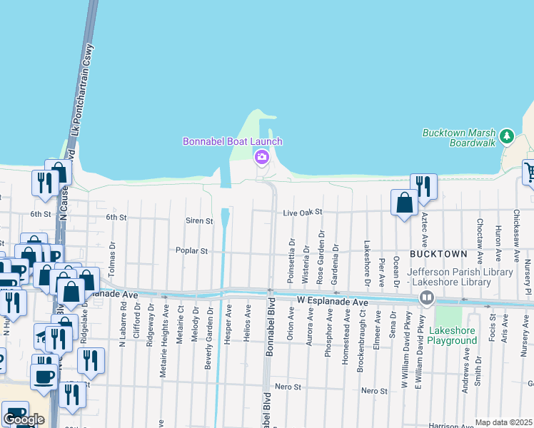 map of restaurants, bars, coffee shops, grocery stores, and more near 1448 Bonnabel Boulevard in Metairie