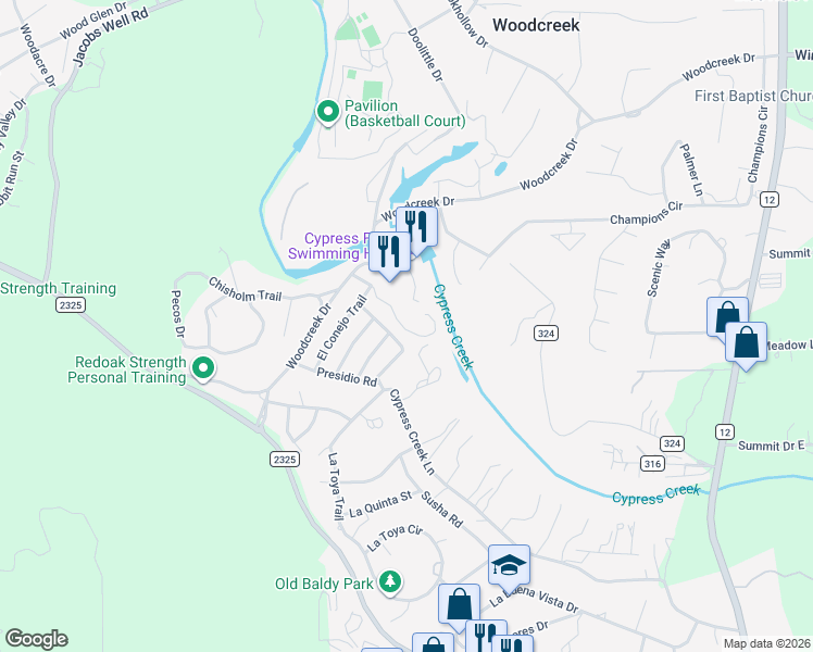 map of restaurants, bars, coffee shops, grocery stores, and more near 2 Townhouse Circle in Wimberley