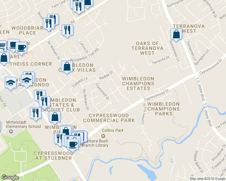 map of restaurants, bars, coffee shops, grocery stores, and more near 16202 Lafone Drive in Spring