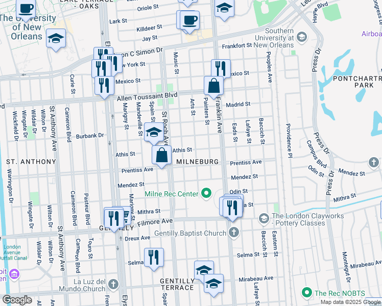 map of restaurants, bars, coffee shops, grocery stores, and more near 2470 Athis Street in New Orleans