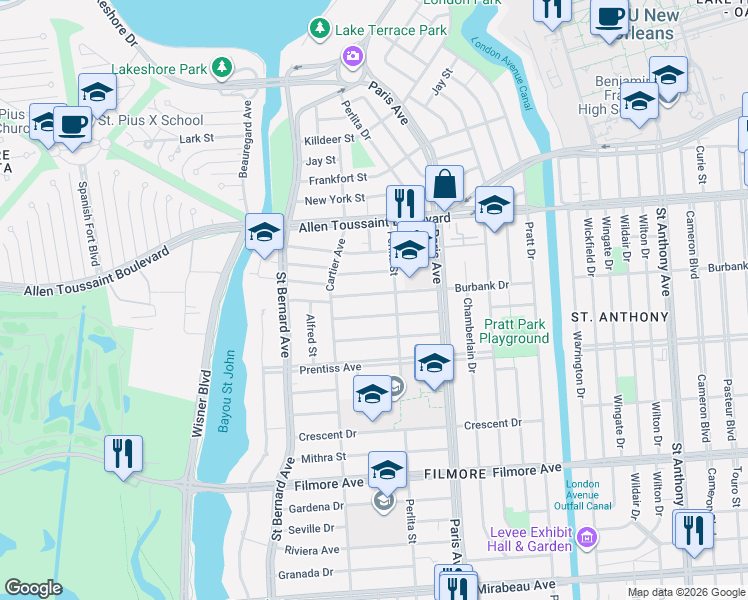 map of restaurants, bars, coffee shops, grocery stores, and more near 1480 Burbank Drive in New Orleans