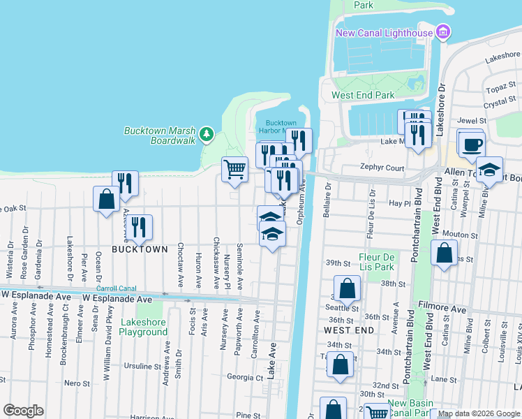 map of restaurants, bars, coffee shops, grocery stores, and more near 1632 Carrollton Avenue in Metairie