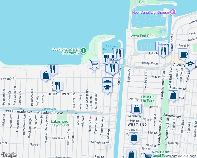 map of restaurants, bars, coffee shops, grocery stores, and more near 1450 Seminole Avenue in Metairie