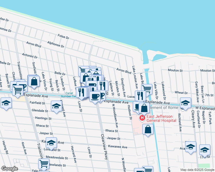 map of restaurants, bars, coffee shops, grocery stores, and more near 4520 Laplace Street in Metairie