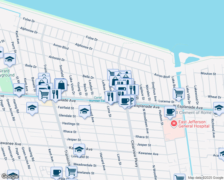 map of restaurants, bars, coffee shops, grocery stores, and more near 4516 Tabony Street in Metairie