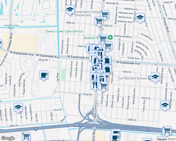 map of restaurants, bars, coffee shops, grocery stores, and more near 3404 Delaware Avenue in Kenner
