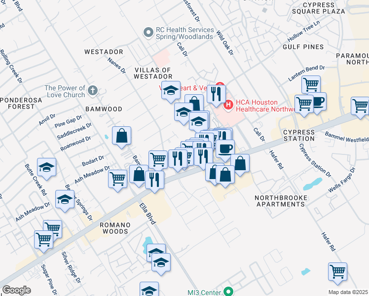 map of restaurants, bars, coffee shops, grocery stores, and more near 1003 Tuliptree Lane in Houston