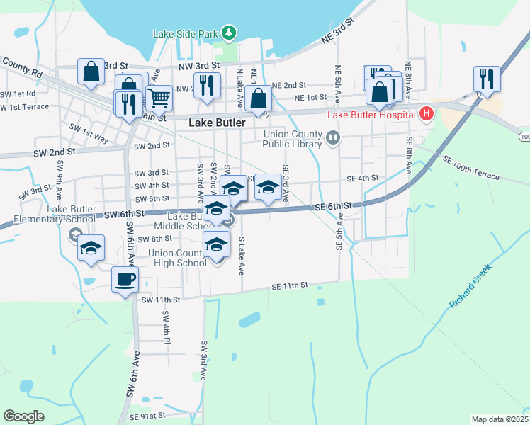 map of restaurants, bars, coffee shops, grocery stores, and more near 208 Southeast 6th Street in Lake Butler