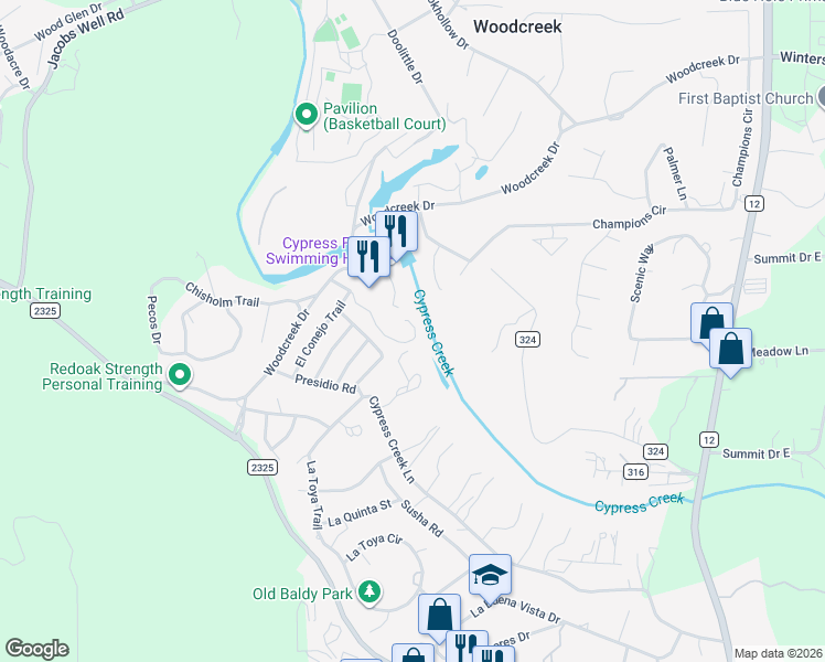 map of restaurants, bars, coffee shops, grocery stores, and more near 2 Townhouse Circle in Wimberley