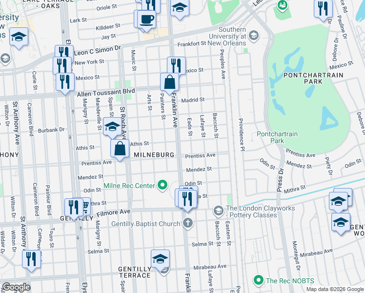 map of restaurants, bars, coffee shops, grocery stores, and more near 5729 Franklin Avenue in New Orleans