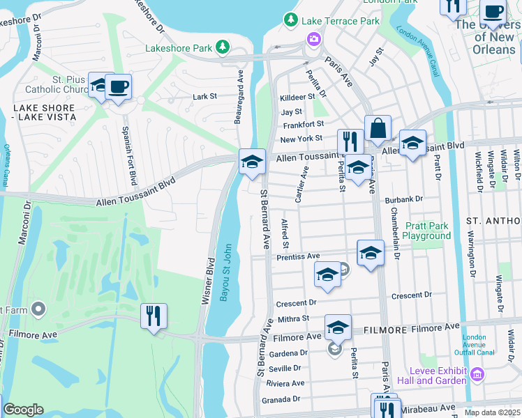 map of restaurants, bars, coffee shops, grocery stores, and more near 5934 Saint Bernard Avenue in New Orleans