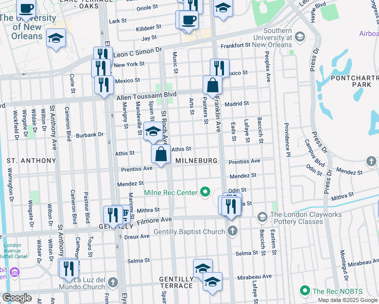 map of restaurants, bars, coffee shops, grocery stores, and more near 2470 Athis Street in New Orleans