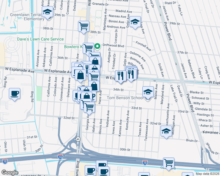 map of restaurants, bars, coffee shops, grocery stores, and more near 2220 34th Street in Kenner
