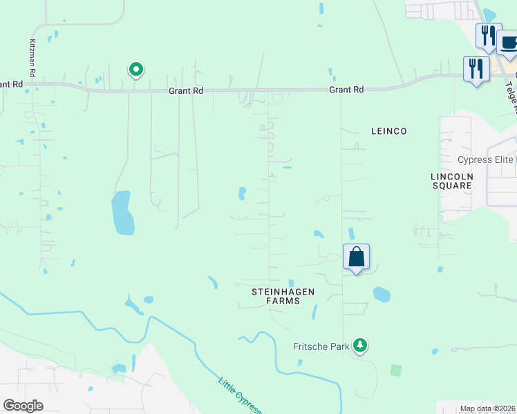 map of restaurants, bars, coffee shops, grocery stores, and more near 16901 Steinhagen Road in Cypress