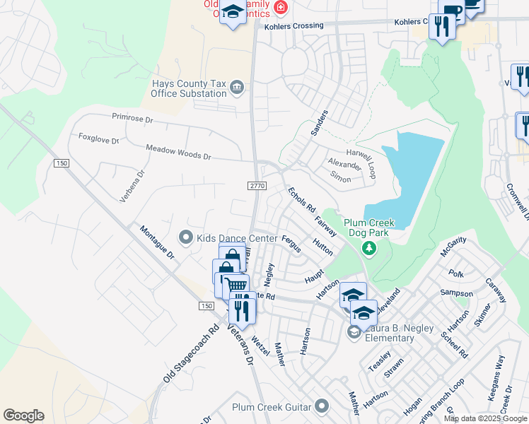 map of restaurants, bars, coffee shops, grocery stores, and more near 210 Utterback in Kyle