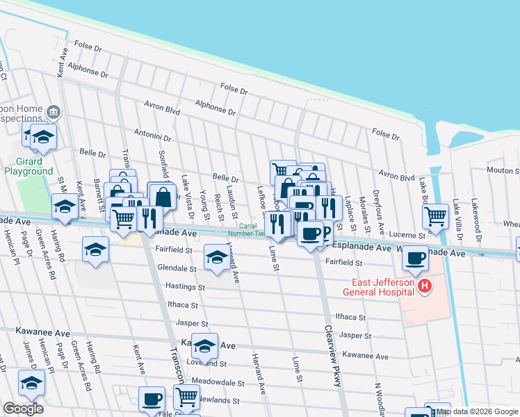 map of restaurants, bars, coffee shops, grocery stores, and more near 4428 Clearlake Drive in Metairie