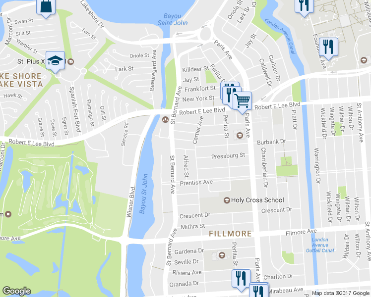 map of restaurants, bars, coffee shops, grocery stores, and more near 1341 Burbank Drive in New Orleans