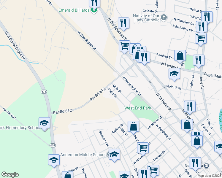 map of restaurants, bars, coffee shops, grocery stores, and more near 1234 Field Street in New Iberia