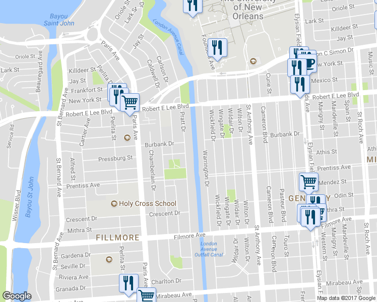 map of restaurants, bars, coffee shops, grocery stores, and more near 5901 Pratt Drive in New Orleans
