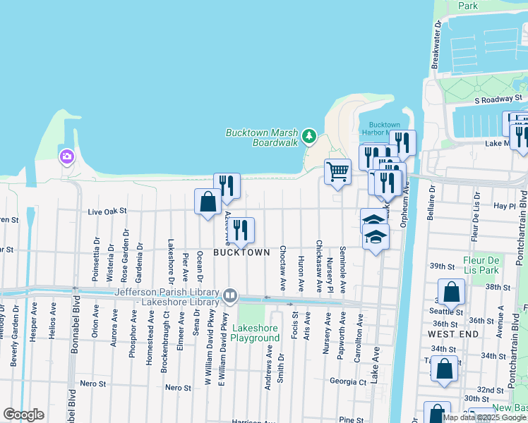 map of restaurants, bars, coffee shops, grocery stores, and more near 804 Live Oak Street in Metairie