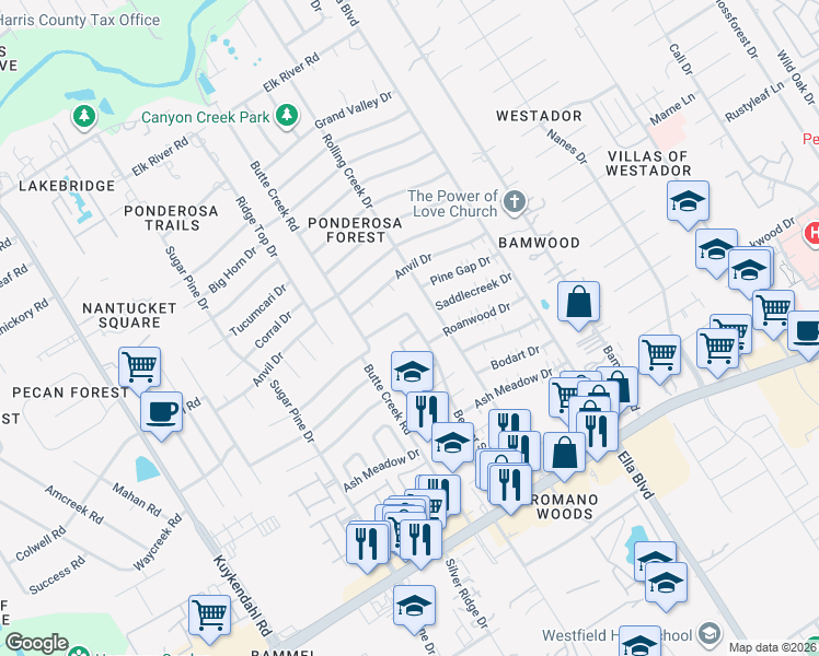 map of restaurants, bars, coffee shops, grocery stores, and more near 1618 Canyon Springs Drive in Houston