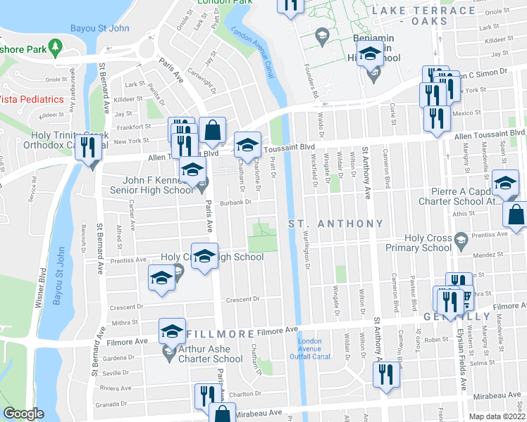 map of restaurants, bars, coffee shops, grocery stores, and more near 1743 Pressburg Street in New Orleans