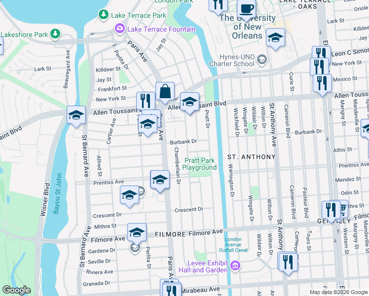 map of restaurants, bars, coffee shops, grocery stores, and more near 5910 Chatham Drive in New Orleans