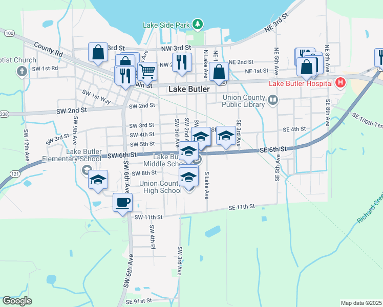 map of restaurants, bars, coffee shops, grocery stores, and more near 150 Southwest 6th Street in Lake Butler
