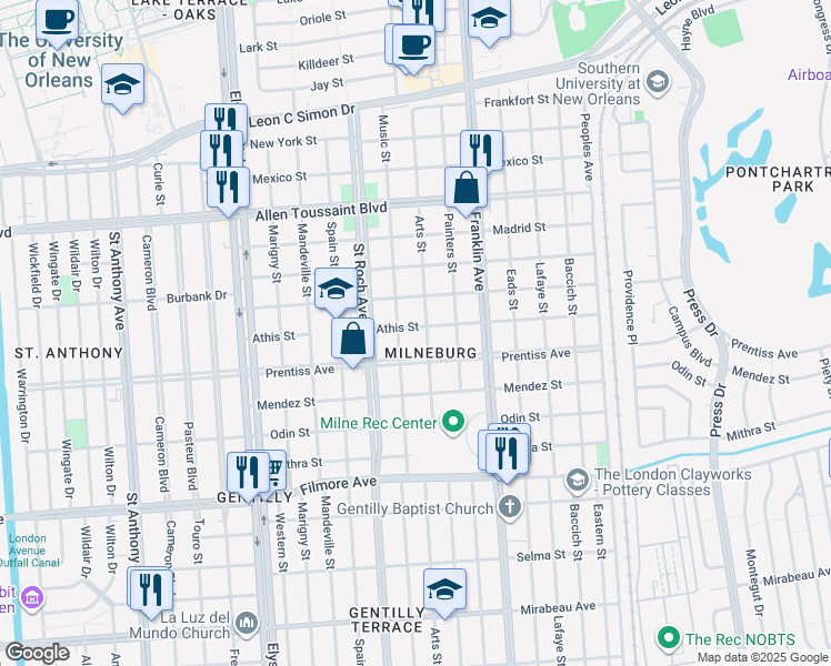 map of restaurants, bars, coffee shops, grocery stores, and more near 2470 Athis Street in New Orleans