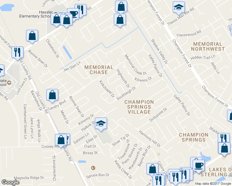 map of restaurants, bars, coffee shops, grocery stores, and more near 17015 Fenny Bridge Ln in Spring