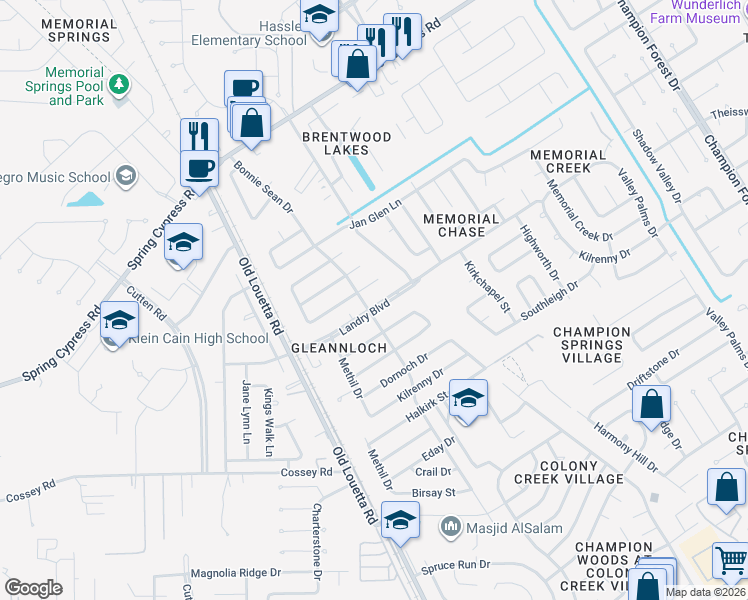 map of restaurants, bars, coffee shops, grocery stores, and more near 9530 Landry Boulevard in Spring