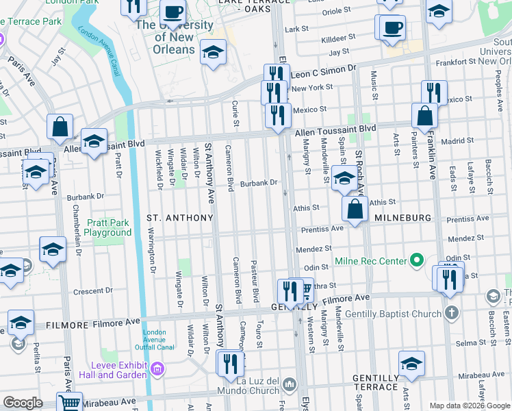 map of restaurants, bars, coffee shops, grocery stores, and more near 5741 Pasteur Boulevard in New Orleans