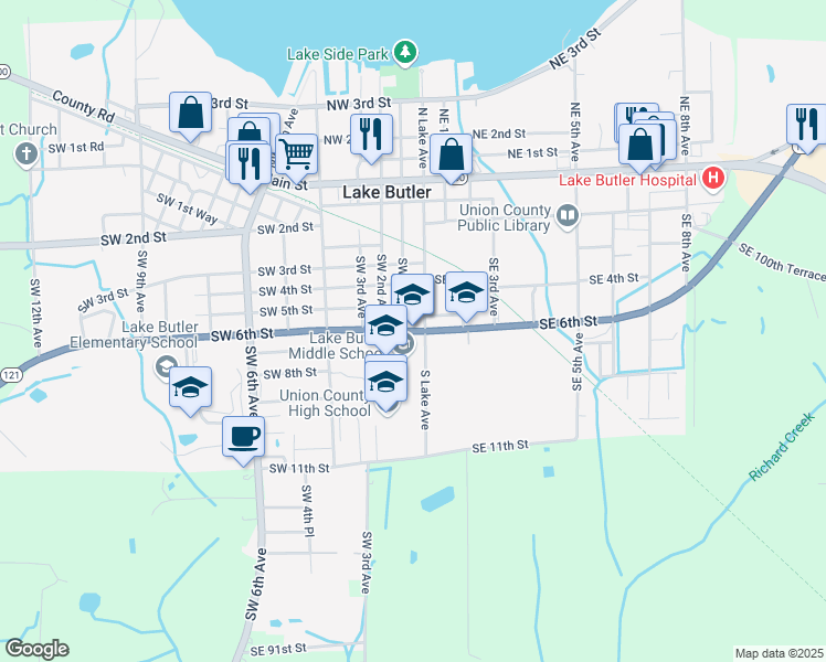 map of restaurants, bars, coffee shops, grocery stores, and more near 55 Southwest 6th Street in Lake Butler