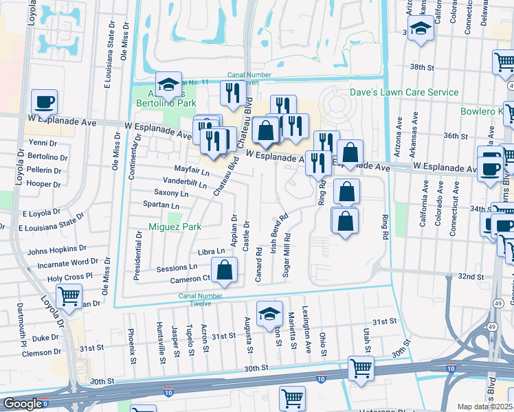 map of restaurants, bars, coffee shops, grocery stores, and more near 3337 Cannes Place in Kenner